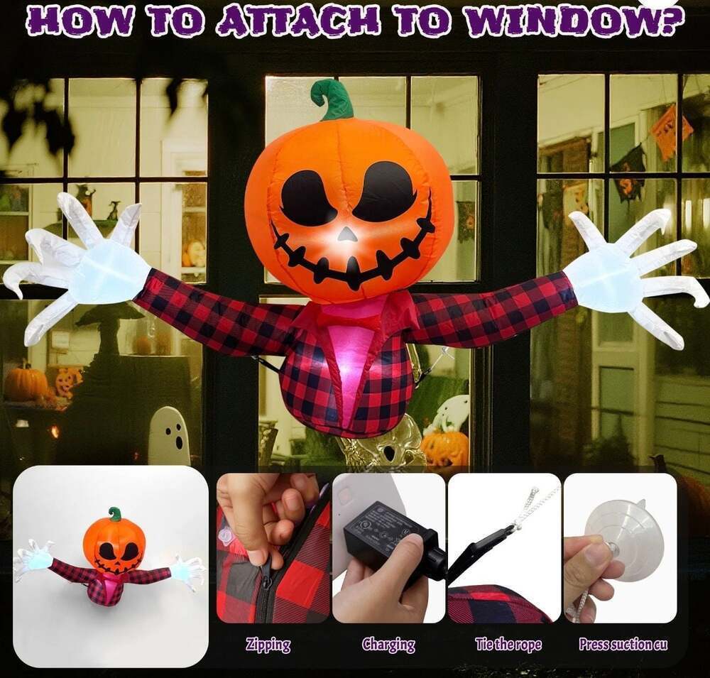4ft Halloween Inflatable Pumpkin Jack-O-Lantern Ghost Window Breaker - Picture 4 of 5